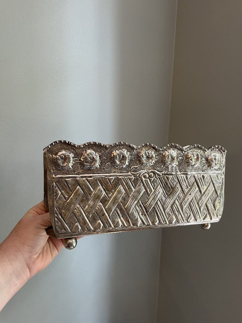 Vintage Silver Metal Ornate Decorative Mail or Magazine Book Holder With Floral